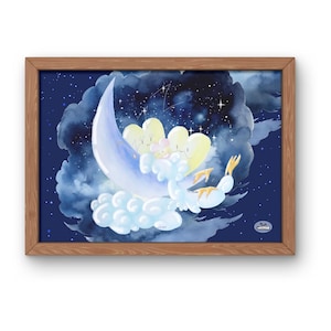 Kinderzimmerdrucke, Herzillustrationen, Mond, Wolke, Sternenhimmel, Nacht, Kinderzimmerdekoration, Kinderposter, Aquarellmalerei