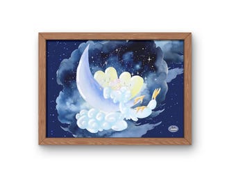 children's room prints, illustrations heart, moon, cloud, starry sky, night, children's room decor, children's poster, watercolor painting