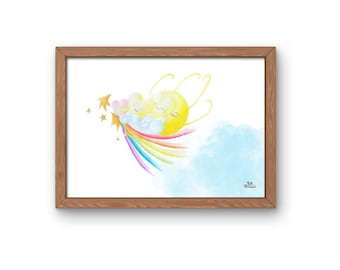 children's room print, watercolor illustration for children, baby room decoration, rainbow, yellow, heart, sun, star, kawaii style