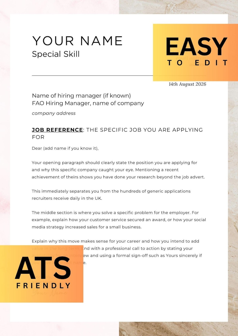 ATS Friendly Cover Letter Template Professional Canva Job Application