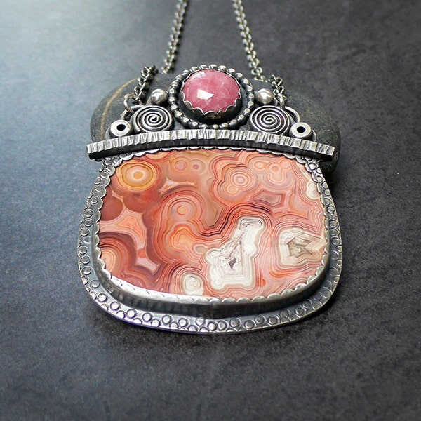 Rhodochrosite and Laguna Lace Agate Sterling Silver Necklace