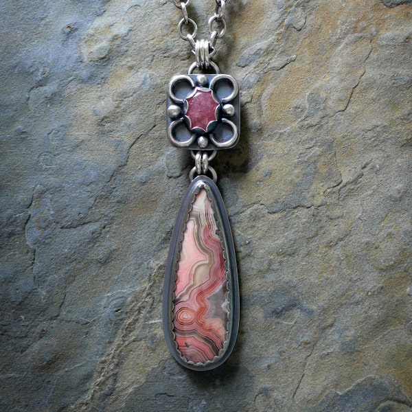 Sterling Silver Necklace with Laguna Lace Agate and Rhodochrosite Cabochons