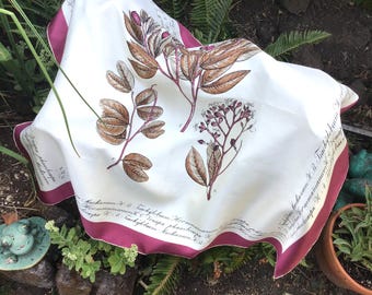 Vera Neumann Silk Scarf, Botanical Latin Script, Burgundy Trim, Golden Tab