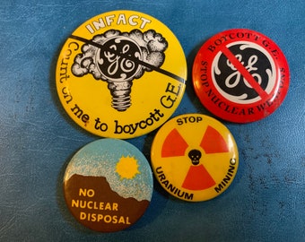 VTG Anti Nuke Waste Mining Misc Button Lot of 4; No Nuke Disposal; Stop Uranium Mining; Boycott GE; Estate of James Jacobson