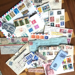 Postal Ephemera Lot of 18; Collage or Collecting; International Covers with Bright Colors; Remnants; Canadian Checks