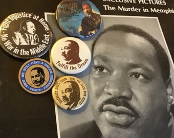 MLK Vintage Button Lot of 5 and Related Ephemera; Life Magazine Clippings; Political Cartoon; From Estate of James Jacobson