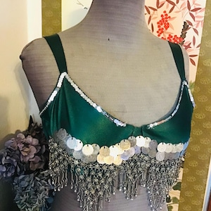 VTG As Found Adonna Green Tribal Bra 36D; Metal Fringe Fake Coins Sequins; Loose Thread; Used; Stetchy Dominican Republic; Restore and Adore