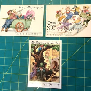 Cartes postales chanson folklorique Tomi Ungerer Zurich 1975 ; Lots de trois inutilisés ; Rare et grande oeuvre d'art du célèbre artiste prolifique