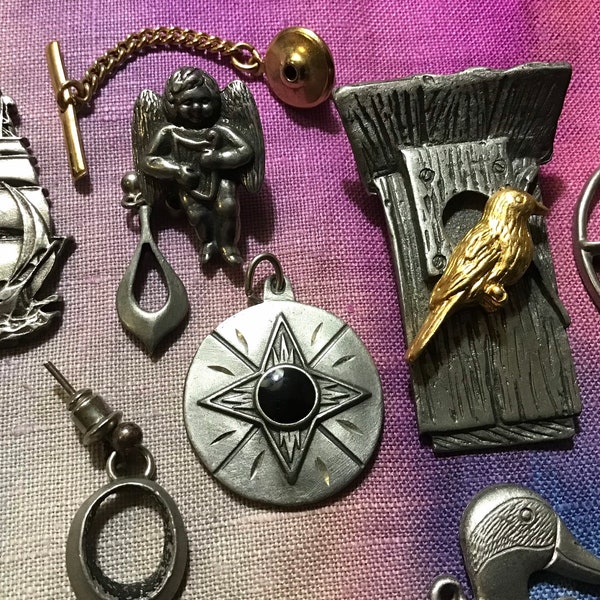 Big Pewter Lot of 10 Items Pendants Pins Single Earrings Spoontiques Bastin SISK Danforth and More; Cyber Sale