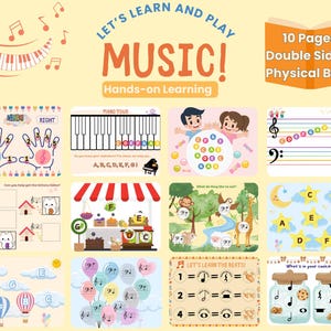 May include: A colorful 10-page double-sided physical book titled "Let's Learn and Play Music! Hands-on Learning." The book features various activities for learning music, including piano keys, musical notes, and a piano tour.