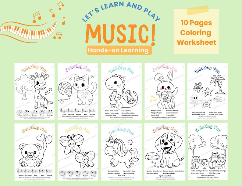 Hojas para colorear de teoría musical: Lecciones de piano para principiantes (Descargar PDF) imagen 1