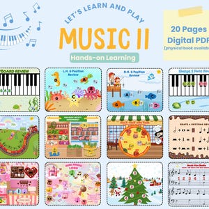 May include: A colorful educational music learning resource titled "Music II" with 20 pages. The design includes piano keyboards, musical notes, and various themed illustrations for hands-on learning. The text "Let's Learn and Play" is at the top.