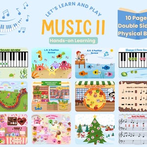 May include: A colorful educational book titled "MUSIC II" with various music-themed illustrations. The book includes pages with keyboard diagrams, musical notes, and fun activities. The cover text reads "Let's Learn and Play" and "Hands-on Learning".
