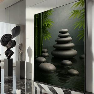 Zen Stone Stack Canvas, Bamboo Spa Wall Art Print, Minimalist Calm Poster, Ready to Hang, Zen Meditation Canvas Home Decor
