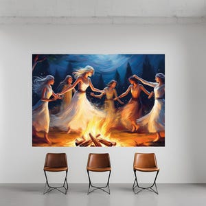 Ethereal Witches Fire Dance Canvas Wall Art, Mystical Ritual Wall Art Decor, Boho Spiritual Aesthetic, Enchanted Night Painting, Unique Gift