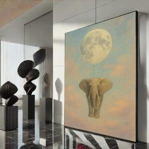 Surreal Elephant and Moon Canvas Wall Art Print  Dreamy Modern Living Room Decor  Statement Piece