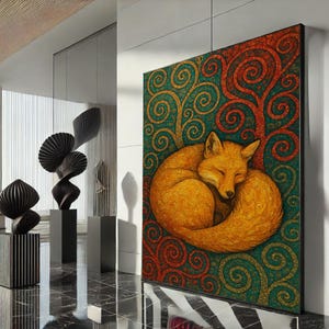 Impressão de arte de parede em tela de raposa aconchegante em redemoinhos, peça de decoração abstrata vibrante para sala de estar