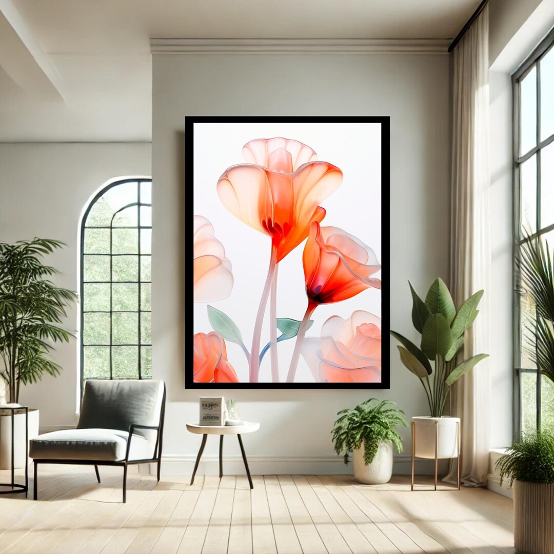 Modern Red Orange Flower Wall Art, Abstract Floral Poster for Home ...