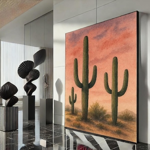 Desert Cactus Landscape Canvas Wall Art Print  Southwestern Living Room Decor  Ready to Hang