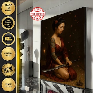 Elegant Samurai Woman Canvas Wall Art Print  Japanese Style Living Room Decor  Ready to Hang