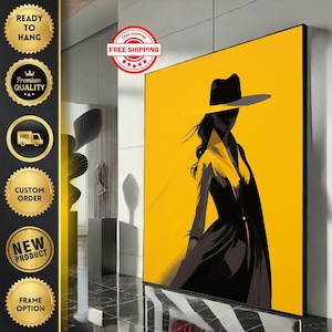 Elegante lienzo minimalista con estampado de mujer con sombrero, arte de pared en amarillo y negro llamativo, decoración para sala de estar, listo para colgar