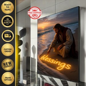 Radiant Jesus at Sunset Canvas Wall Art Print  Inspirational Living Room Decor  Statement Piece