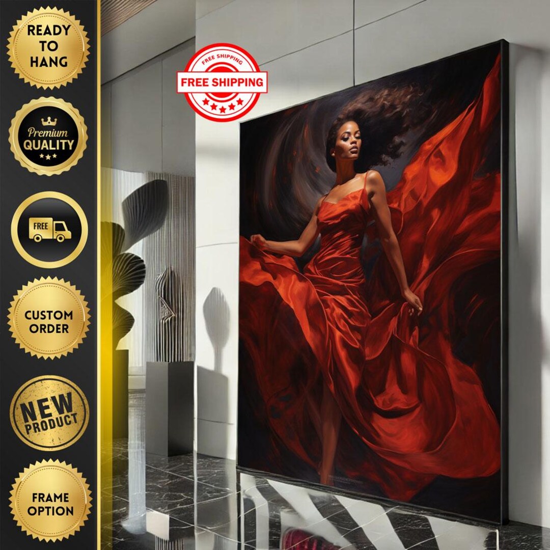Elegant Black Woman in Flowing Red Dress Canvas Wall Art Print Bold ...