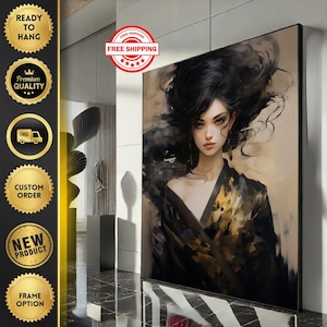 Elegant Modern Woman Portrait Canvas Wall Art  Black & Gold Living Room Decor  Ready to Hang
