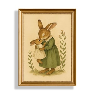 Rabbit Family Art Print  Nursery PRINTABLE Wall Art  Vintage Nursery Animal Painting  Brown and Green Rabbit Wall Art  Digital Download