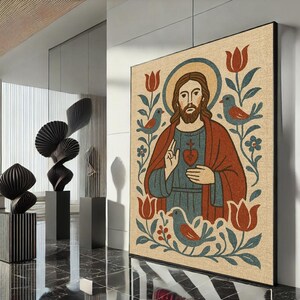 Radiant Jesus with Sacred Heart Canvas Wall Art Print  Spiritual Living Room Decor  Statement Piece