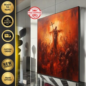 Radiant Jesus with Cross Canvas Wall Art Print  Warm Living Room Decor  Statement Piece