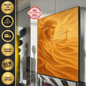 Radiant Jesus with Cross Canvas Wall Art Print  Warm Living Room Decor  Statement Piece
