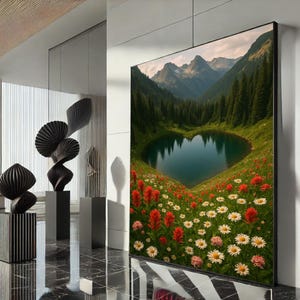 Serene Heart-Shaped Lake Landscape Canvas Wall Art Print  Vibrant Living Room Decor  Statement Piece