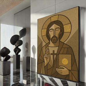 Radiant Jesus Icon Canvas Wall Art Print  Modern Religious Living Room Decor  Statement Piece