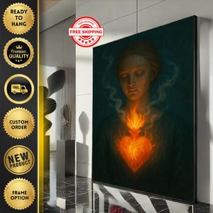 Serene Ethereal Woman with Glowing Heart Canvas Wall Art Print  Dark Tones Living Room Decor  Ready to Hang