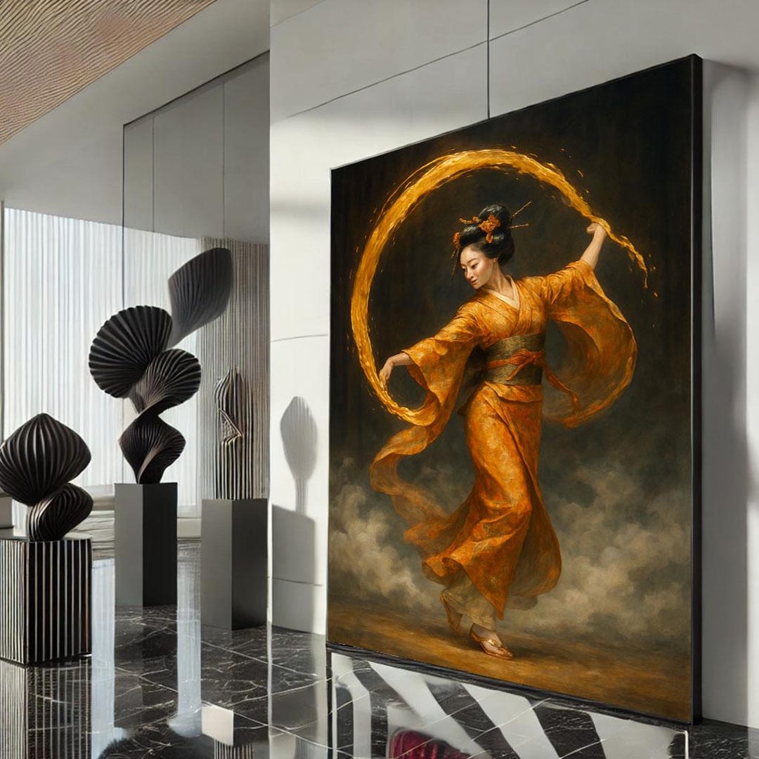 Elegant Japanese Geisha in Orange Kimono Canvas Wall Art Print Modern ...