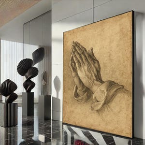 Praying Hands Canvas Wall Art Print  Classic Religious Living Room Decor  Statement Piece