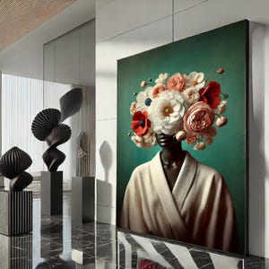Floral Woman Portrait Canvas, Modern Botanical Wall Art Print, Elegant Fashion Poster, Ready to Hang, Canvas Wall Art Decor