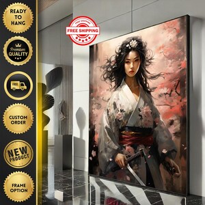 Elegant Samurai Woman Canvas Wall Art Print  Modern Japanese Bedroom Wall Decor  Ready to Hang