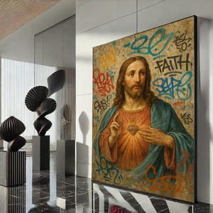 Radiant Jesus Graffiti Canvas Wall Art Print  Urban Religious Living Room Decor  Statement Piece