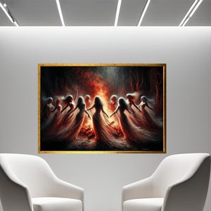 Ethereal Witches Fire Dance Canvas Wall Art, Mystical Ritual Wall Art Decor, Boho Spiritual Aesthetic, Enchanted Night Painting, Unique Gift