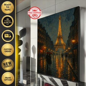 Romantic Eiffel Tower Night Scene Canvas Wall Art Print  Moody Living Room Decor  Ready to Hang