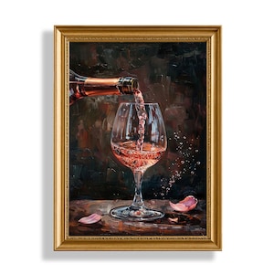Wine Pour Art Print  Dining Room PRINTABLE Wall Art  Vintage Kitchen Painting  Rose Wine Bottle Wall Art  Digital Download