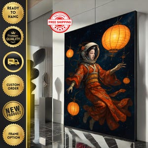 Bold Geisha Lanterns Canvas Wall Art Print  Oriental Fantasy Living Room Decor  Ready to Hang