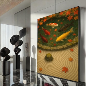 Serene Koi Fish Pond Canvas Wall Art Print  Zen Nature Living Room Decor  Ready to Hang
