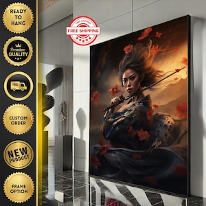 Warrior Woman with Sword Canvas Wall Art Print  Dramatic Dark Tones Living Room Decor  Ready to Hang Statement Piece