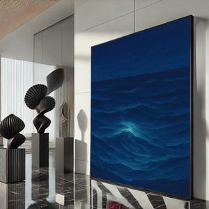 Elegant Ocean Wave Abstract Canvas Wall Art Print  Deep Blue Living Room Decor  Statement Piece