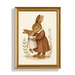 Rabbit Family Art Print  Nursery PRINTABLE Wall Art  Vintage Childrens Room Decor  Brown and Beige Bunny Wall Art  Digital Download
