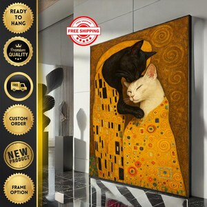 Gustav Klimt Style Cats Canvas Wall Art Print  Abstract Living Room Decor  Ready to Hang