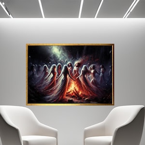 Ethereal Witches Fire Dance Canvas Wall Art, Mystical Ritual Wall Art Decor, Boho Spiritual Aesthetic, Enchanted Night Painting, Unique Gift